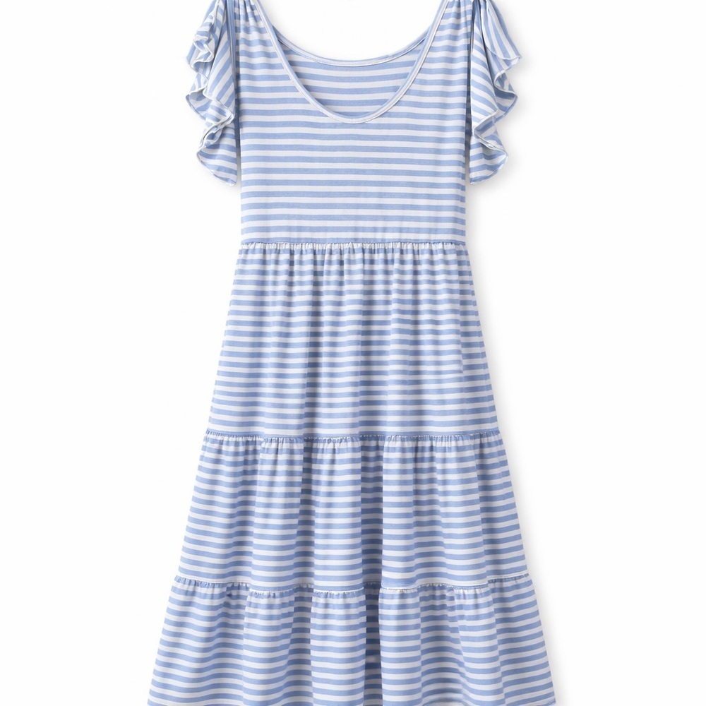 Summer Ready. Max Studio Blue Striped Tiered Midi Dress M Ruffle Sleeve - Picture 2 of 7